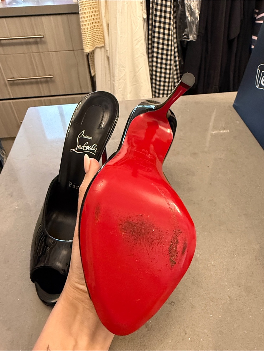 Christian Louboutin Black Patent Peep-Toe Mules with Red Sole - Picture 3 of 6